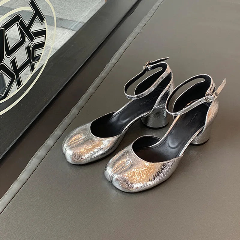 Modern Heels Pumps Women Round High Heel Leather Square Split Toe Pumps Shoes Spring Summer Sandals Mary Janes Shoes Heels Women Pi-Mart