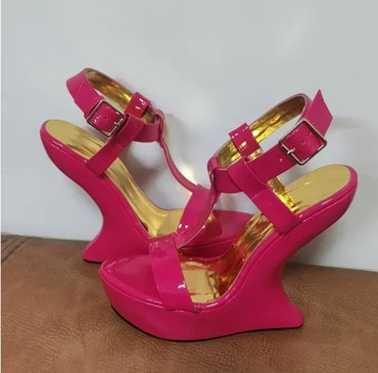 Strange Style Women Metal Color Woman Summer Platform Sandals Sexy Hoof Heel Ankel Buckle Strap Open Toe Shoes High Quality LadyShow.Store