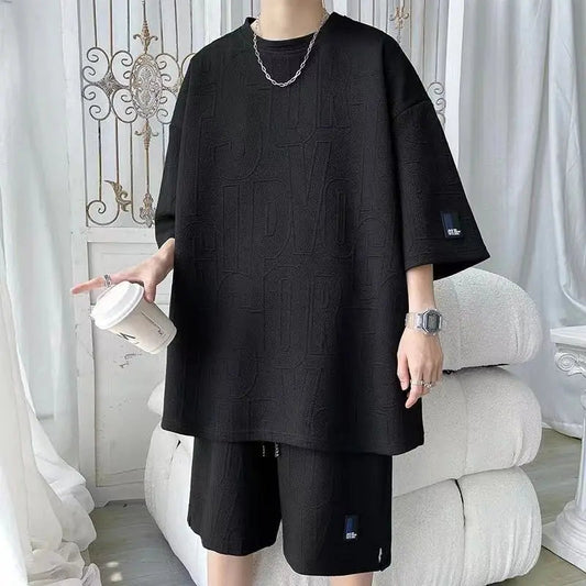 2026 3D Men's new Waffle TZ30 Summer Suit  Casual T-shirt + Shorts Suit Men's Tracksuit Solid color tracksuit loose suit Pi-Mart
