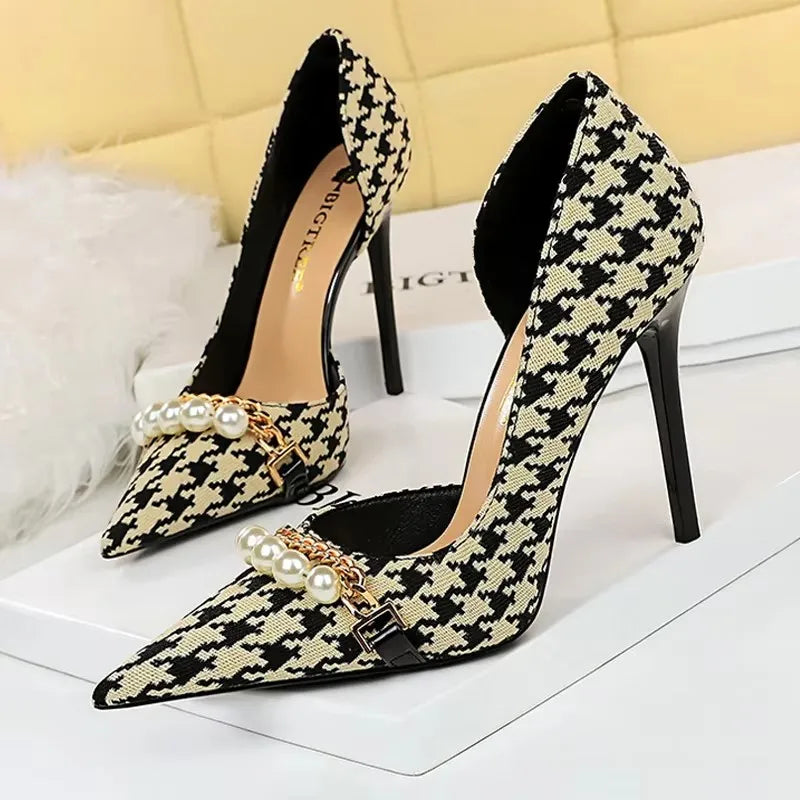BIGTREE Shoes 2026 Spring Women Pumps Pearl Metal Chain High-heels Checked Grain Stilettos Women Heels Luxury Banquet Shoes 43 Pi-Mart