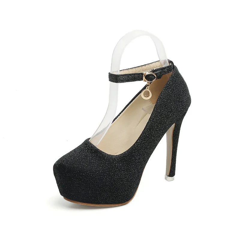 Fashion Wedding Shoes Women High Heels Women Pumps Bride Shoes Platform Super High Heel 12cm Black Silver A2177 Pi-Mart