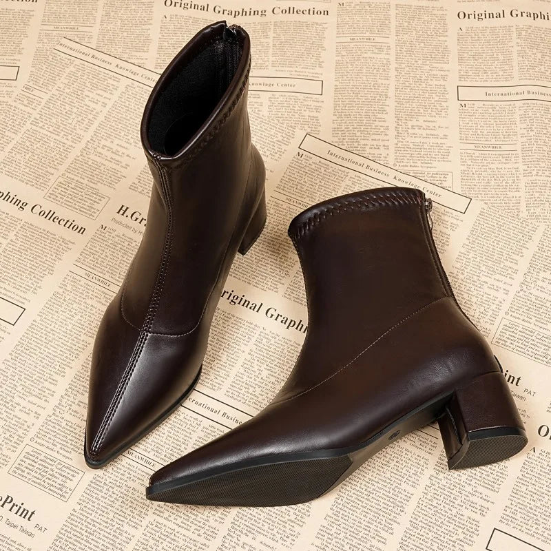 Fashion Vintage Thick Heels Women Slim Ankle Boots Autumn Winter Pointed Toe Stripper Party Short Booties Zapatos De Mujer LadyShow.Store