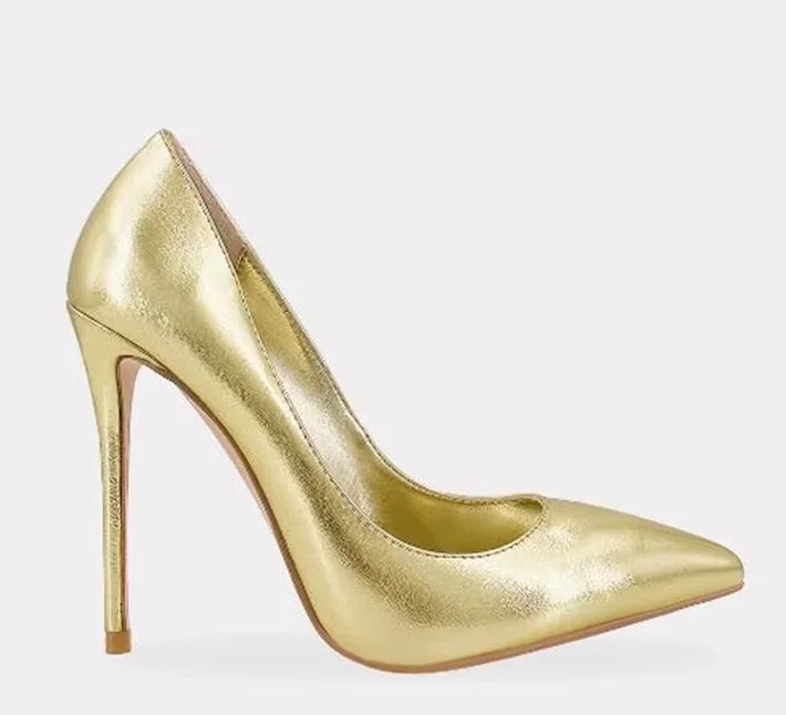 Pink Metallic Leather Woman High Heel Shoes Pointed Toe Shallow Stiletto High Heels Pumps Slip-on Polished Leather Runway Shoes Pi-Mart