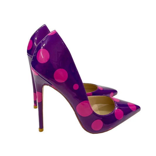 Veowalk Polka Dot Women Purple D'Orsay Side Cut Pointed Toe Stiletto Pumps Comfortable Elegant 8cm 10cm 12cm High Heel Shoes Pi-Mart