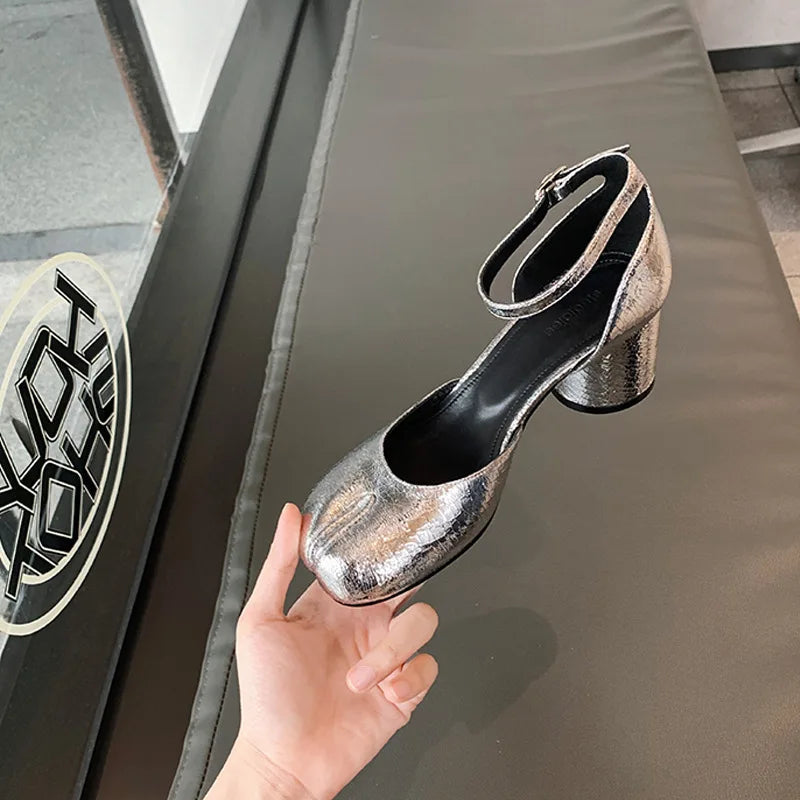 Modern Heels Pumps Women Round High Heel Leather Square Split Toe Pumps Shoes Spring Summer Sandals Mary Janes Shoes Heels Women Pi-Mart