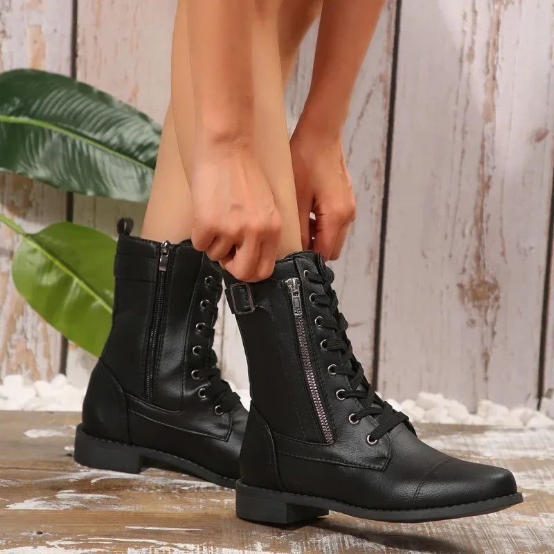 Plus Size Autumn New European and American Flat Low Heel Short Boots Roman Zip Boots for Women LadyShow.Store