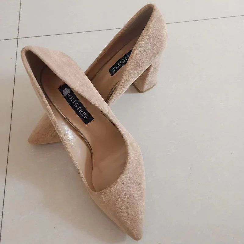 Summer Women 8.5cm High Heels Pumps Escarpins Elegant Sweet Lady Wedding Block Square Middle Heels Flock Suede Nightclub Shoes Pi-Mart