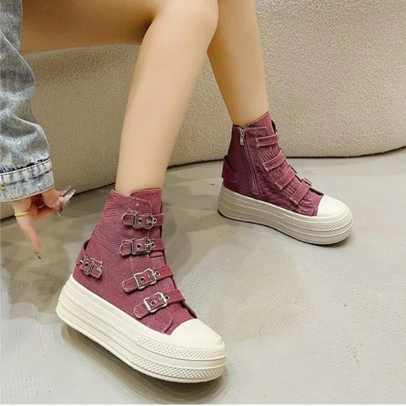 8CM Wedge Heels Sneakers Canvas Shoes Women's 2024 Spring And utumn New Fashion All Casual Thick Ventilate Soled Board Shoes LadyShow.Store