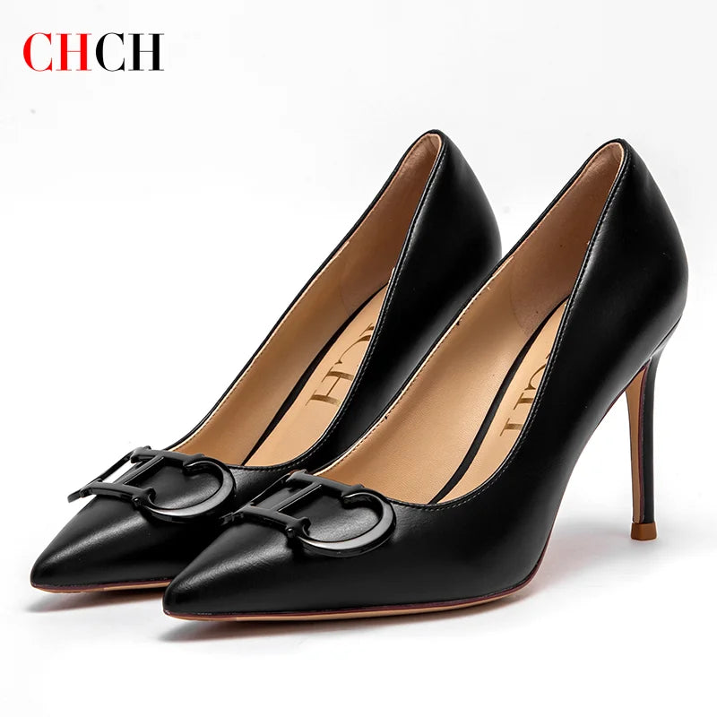CHCH Women's High Heels New Pointed Metal Buckle Party Carnival Women's Shoes 9cm LadyShow.Store