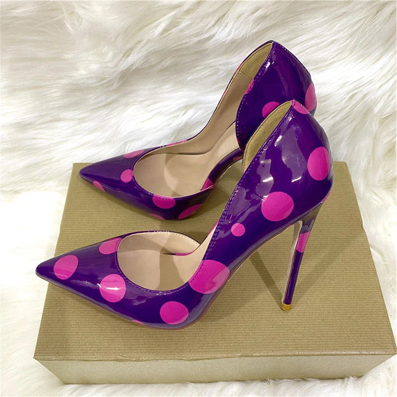 Veowalk Polka Dot Women Purple D'Orsay Side Cut Pointed Toe Stiletto Pumps Comfortable Elegant 8cm 10cm 12cm High Heel Shoes Pi-Mart