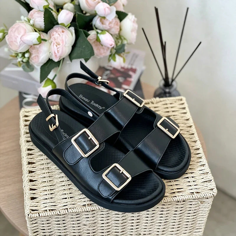 BeauToday Casual Sandals Women Genuine Leather Metal Ankle Buckle Strap Summer Beach Ladies Low Heel Sport Shoes Handmade 38128 LadyShow.Store