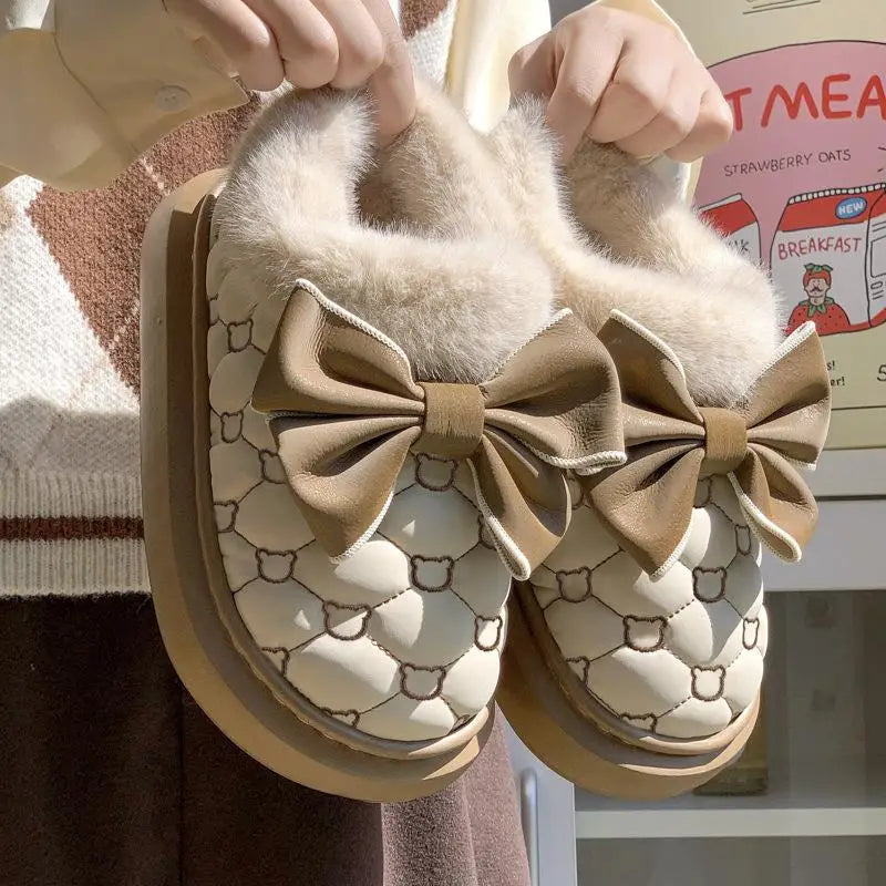 Platform Ankle Boots Female Bowknot Designer Winter Snow Booties Indoor Fluffy Slippers Women House Flats Fashion Footwear Warm LadyShow.Store