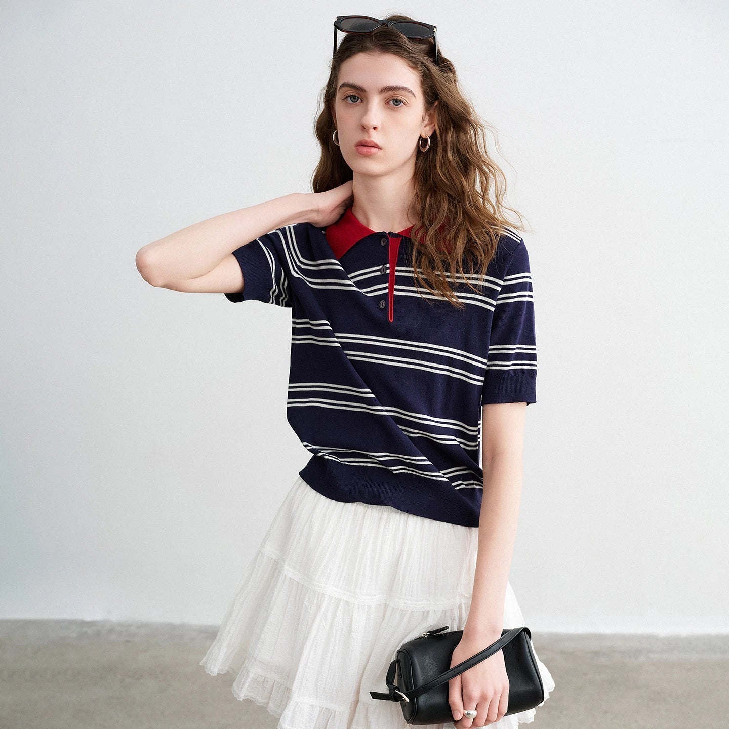 TOYOUTH Women Intellectual Striped Polo Shirt 2026 Spring New Lyocell Linen Breathable Comfort Knit Top Pi-Mart
