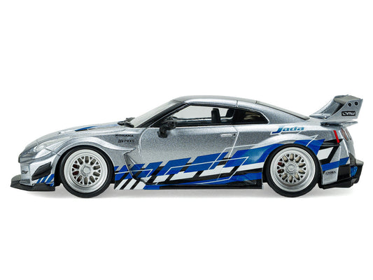 2020 Nissan GT-R (R35) Liberty Walk Silhouette RHD (Right Hand Drive) Silver Metallic with Black Top and Blue Graphics 1/43 Diecast Model Car by Solido Solido