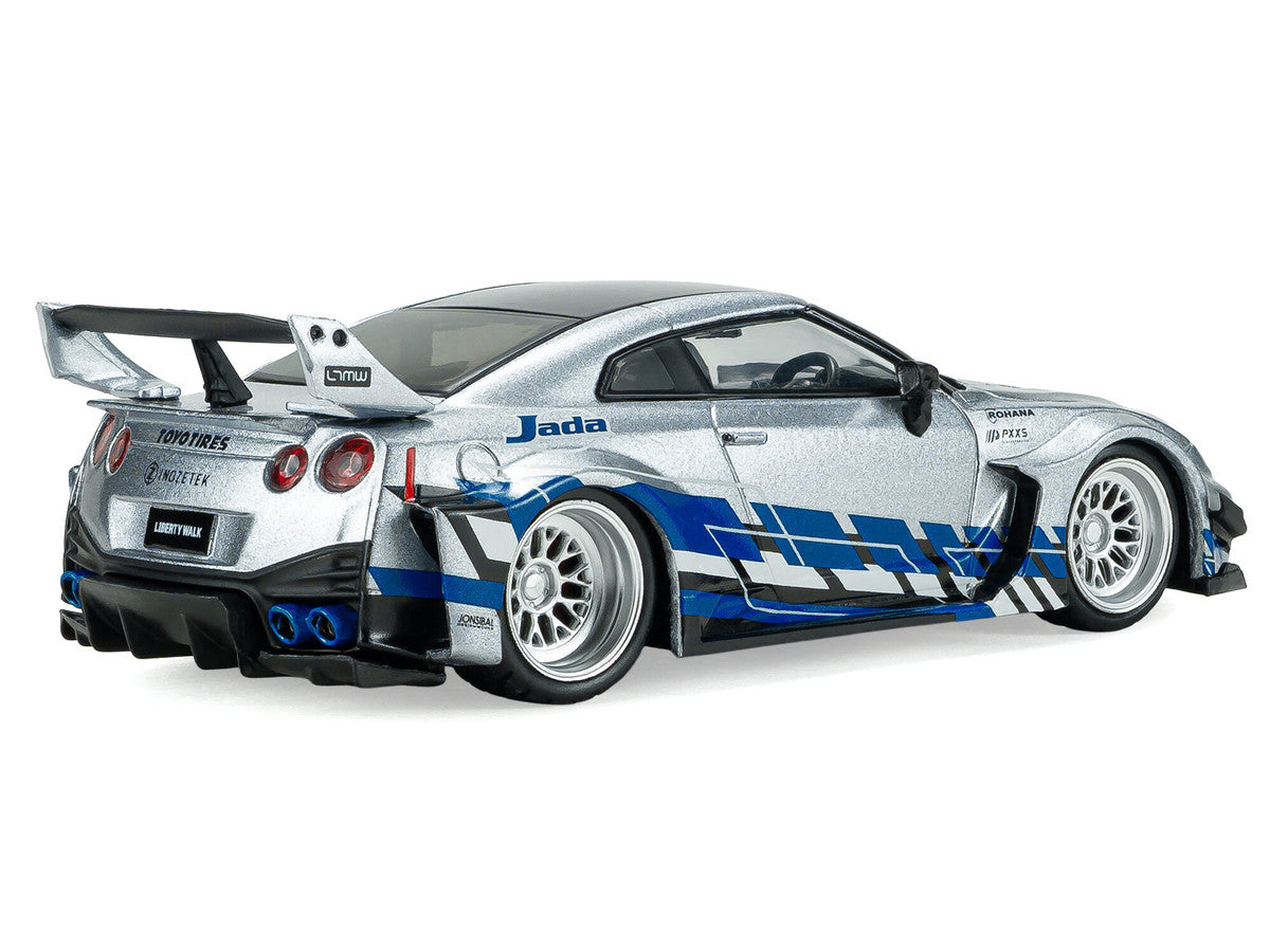 2020 Nissan GT-R (R35) Liberty Walk Silhouette RHD (Right Hand Drive) Silver Metallic with Black Top and Blue Graphics 1/43 Diecast Model Car by Solido Solido