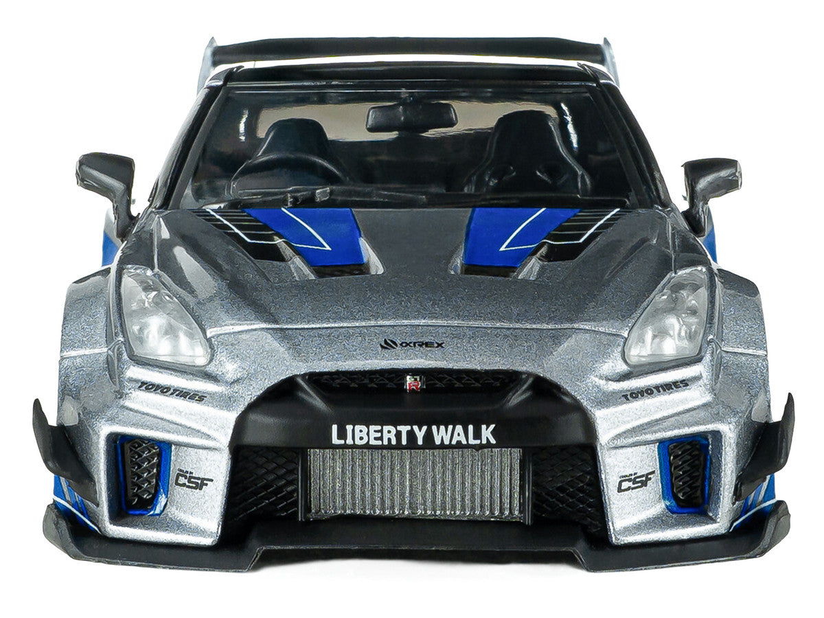 2020 Nissan GT-R (R35) Liberty Walk Silhouette RHD (Right Hand Drive) Silver Metallic with Black Top and Blue Graphics 1/43 Diecast Model Car by Solido Solido
