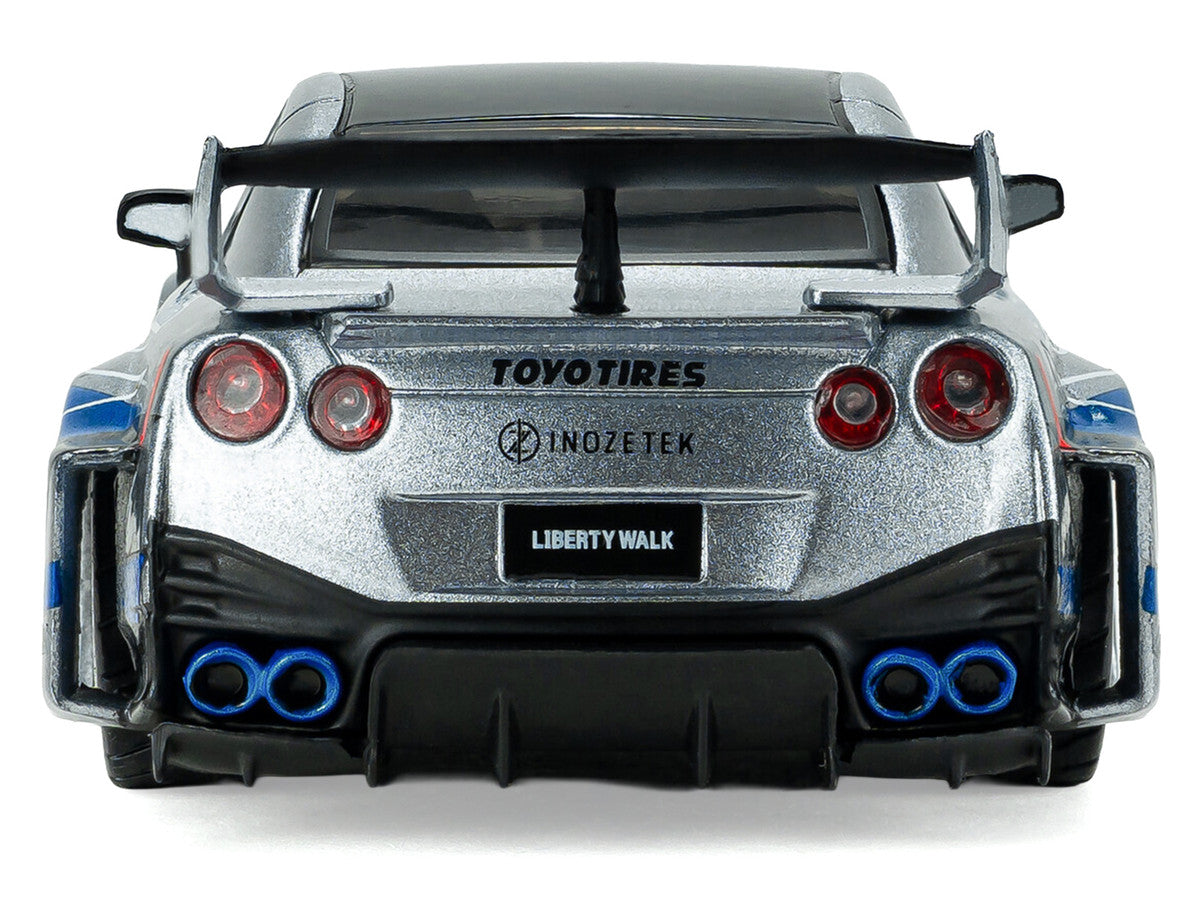 2020 Nissan GT-R (R35) Liberty Walk Silhouette RHD (Right Hand Drive) Silver Metallic with Black Top and Blue Graphics 1/43 Diecast Model Car by Solido Solido