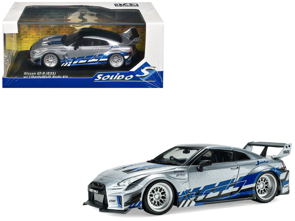 2020 Nissan GT-R (R35) Liberty Walk Silhouette RHD (Right Hand Drive) Silver Metallic with Black Top and Blue Graphics 1/43 Diecast Model Car by Solido Solido