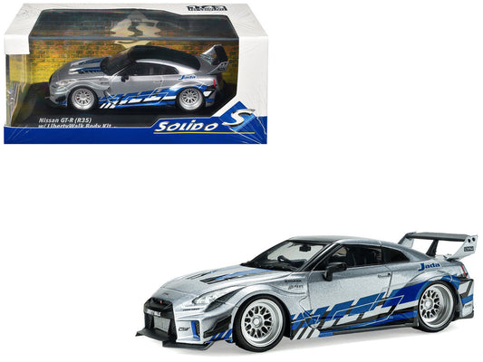 2020 Nissan GT-R (R35) Liberty Walk Silhouette RHD (Right Hand Drive) Silver Metallic with Black Top and Blue Graphics 1/43 Diecast Model Car by Solido Solido