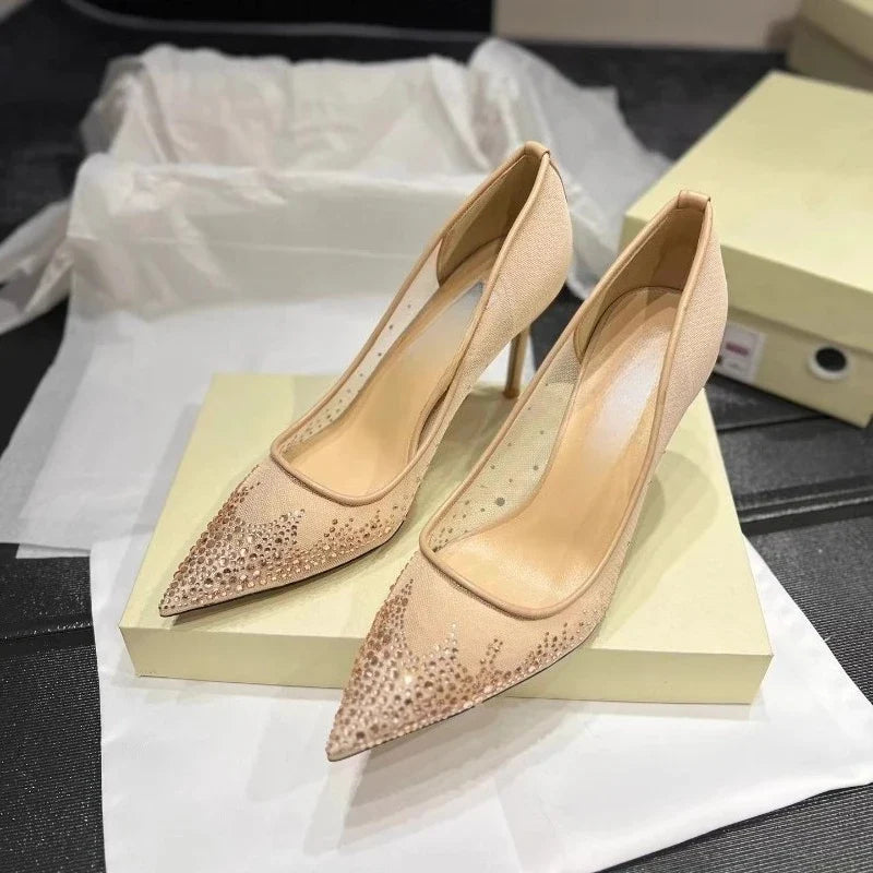 Women's high heels and single shoes for spring and summer  new mesh diamond fashion banquet pointed women's shallow mouth shoes Pi-Mart