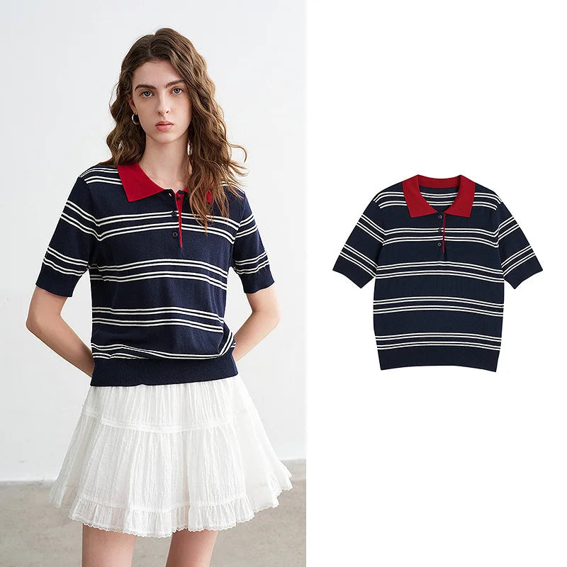 TOYOUTH Women Intellectual Striped Polo Shirt 2026 Spring New Lyocell Linen Breathable Comfort Knit Top Pi-Mart