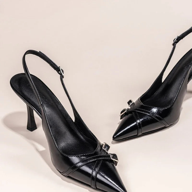 Fashionable Pointed Toe Shallow Mouth New High-heeled Shoes Summer Elegant Buckle Decorated Stiletto Black Women's Shoes NO:602 LadyShow.Store