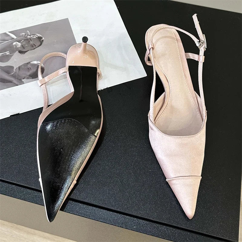 Eilyken High Quality Satin Buckle Strap Women Pumps Sandals Fashion Shallow Thin Heels Pointed Toe Slingback Mules Shoes Pi-Mart