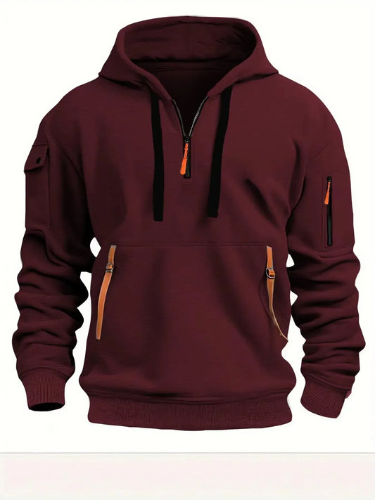 Color: Burgundy, Size: XXXL, Sale by Pack: Pack of 1, Ships From: CHINA - New hoodie men zipper multi pocket hoodie Spring  Winter Fleece Warm Sweatshirt Fashion Streetwear Sports Hoody Solid Pullover