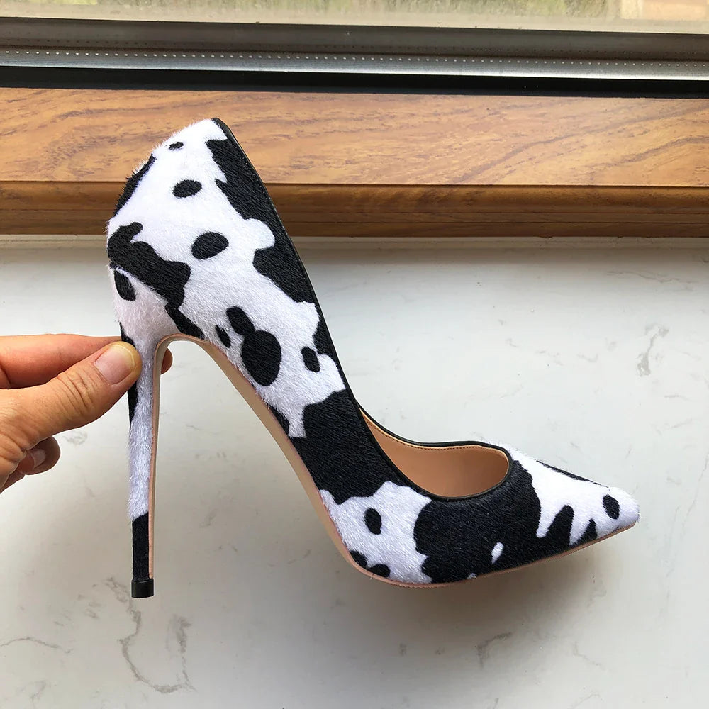 Tikicup Cow Print Women White Hairy Flock Pointy Toe High Heel Shoes Sexy Celebrity Ladies Slip On Stiletto Pumps for Party Pi-Mart