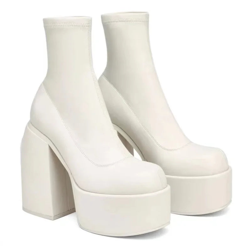 Women New Fashion Short Boots Women Sexy Leather Boot Square toe casual Zipper high heels Casual thick soled women shoes Zapatos LadyShow.Store