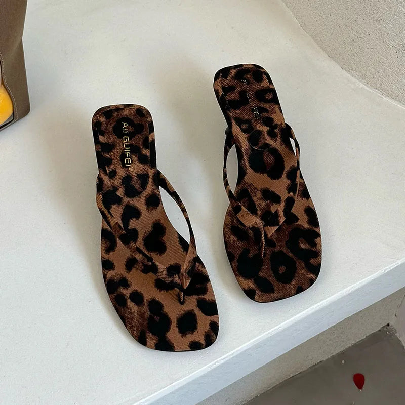Fashion Square Toe Women 4CM Heels Slippers Slides Sandals Summer Casual Female Flip flops Ladies Thin Heel Slippers Shoes Pumps LadyShow.Store