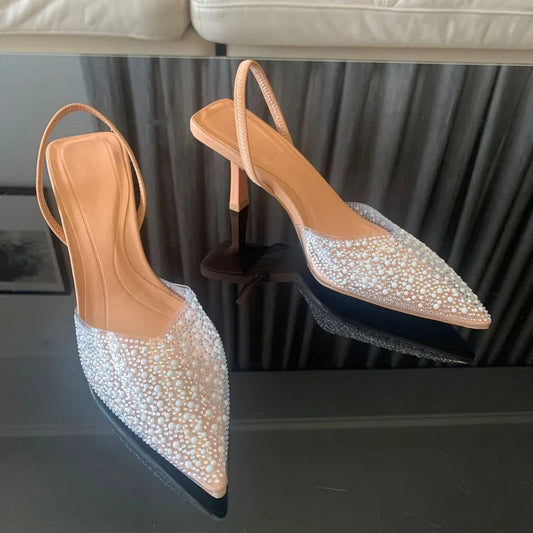 2024 Fashion Summer Women High Heels Pearl Decoration Slingback Woman Pumps Pointed Toe High Heels Sandals Elegant Woman Shoes Pi-Mart