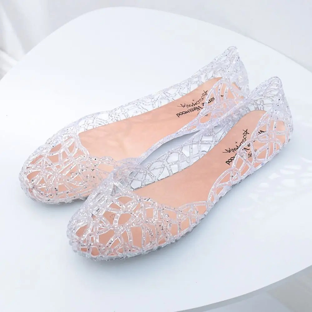 Casual Flat-soled Women Sandals Hollow Out Clear Beach Jelly Shoes Breathable Shallow Mouth Bling Sandals Ladies LadyShow.Store