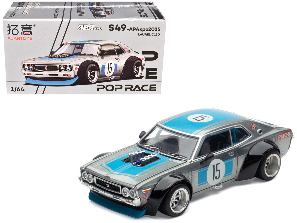 Datsun Laurel C130 RHD (Right Hand Drive) #15 Raw Metal with Blue Stripes "APA XPO 2025 Exclusive" 1/64 Diecast Model Car by Pop Race Pop Race