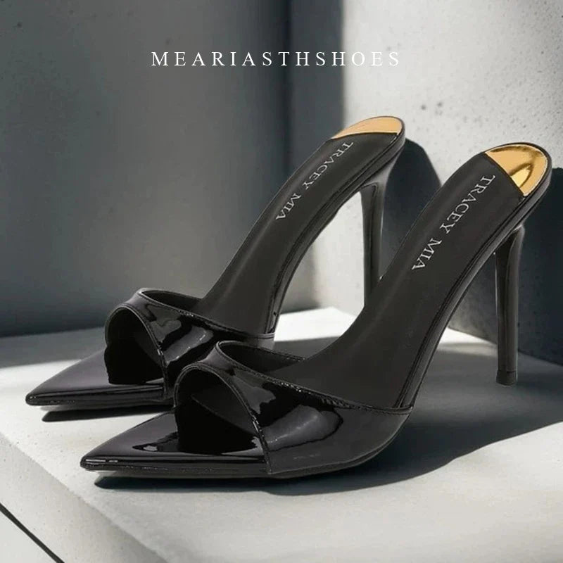 Ladies High-heeled Slippers Shoes Fashion Pointed Sexy Patent Leather Women with Open Toes and Party Wedding Stripper Sandals. LadyShow.Store