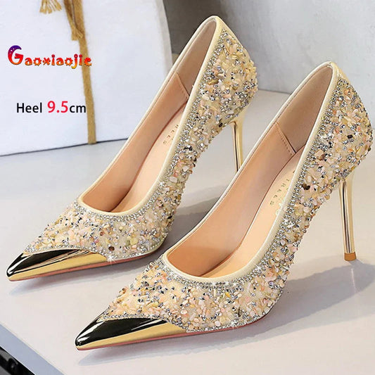 Shiny Crystal Apricot High Heels 9.5cm Women's Shoes Thin Heels Metal Pointed Ladies Pumps Shallow Slip On Stiletto Party Shoes Pi-Mart