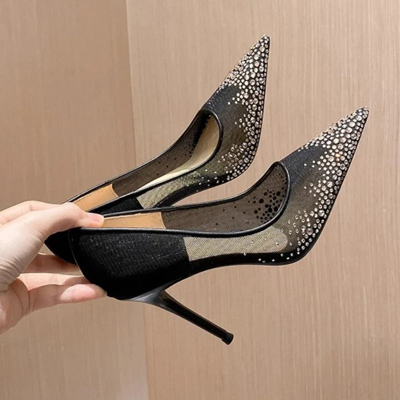 Women's high heels and single shoes for spring and summer  new mesh diamond fashion banquet pointed women's shallow mouth shoes Pi-Mart