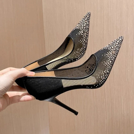 Women's high heels and single shoes for spring and summer  new mesh diamond fashion banquet pointed women's shallow mouth shoes Pi-Mart