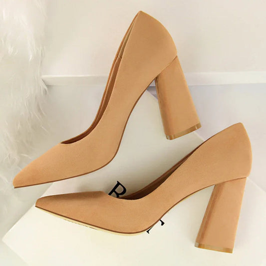 Summer Women 8.5cm High Heels Pumps Escarpins Elegant Sweet Lady Wedding Block Square Middle Heels Flock Suede Nightclub Shoes Pi-Mart