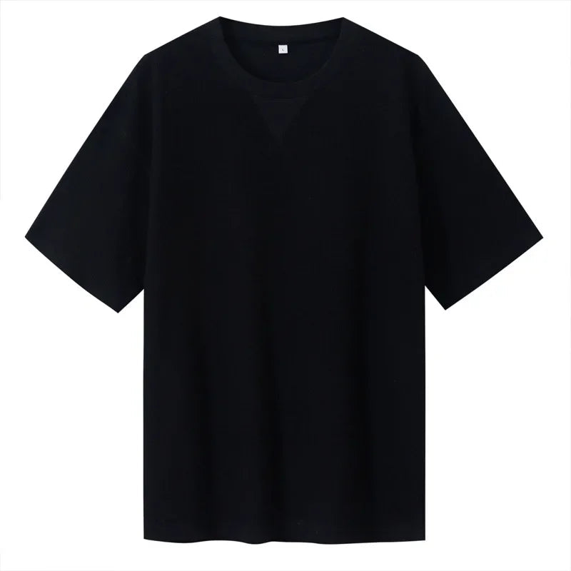 2026 New Men's Summer T Shirt 220g Waffle Round Neck T-shirt Solid Color Loose Simple Short Sleeve Top T Shirts Pi-Mart