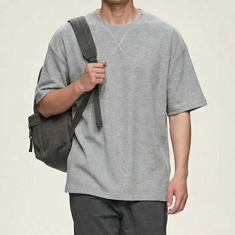 2026 New Men's Summer T Shirt 220g Waffle Round Neck T-shirt Solid Color Loose Simple Short Sleeve Top T Shirts Pi-Mart