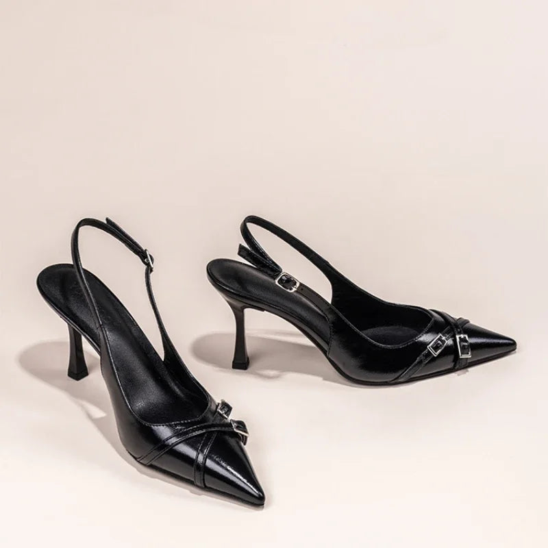 Fashionable Pointed Toe Shallow Mouth New High-heeled Shoes Summer Elegant Buckle Decorated Stiletto Black Women's Shoes NO:602 LadyShow.Store