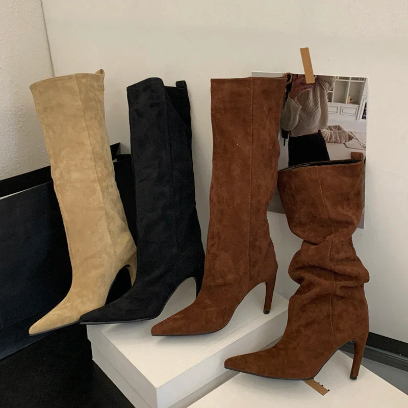 Aneikeh Fashion Winter Pointed Toe Knee-High Women Boots Thin Heels Shoes Female Punk Long Booties Zapatos De Muje LadyShow.Store