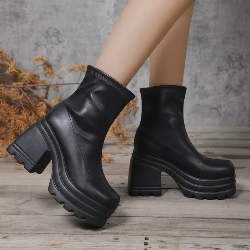 Women New Fashion Short Boots Women Sexy Leather Boot Square toe casual Zipper high heels Casual thick soled women shoes Zapatos LadyShow.Store