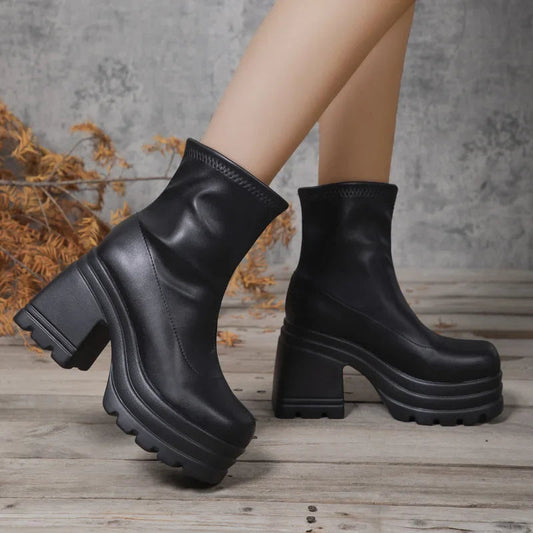 Women New Fashion Short Boots Women Sexy Leather Boot Square toe casual Zipper high heels Casual thick soled women shoes Zapatos LadyShow.Store