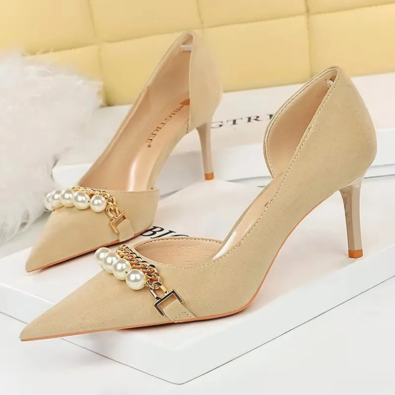 BIGTREE Shoes 2026 Spring Women Pumps Pearl Metal Chain High-heels Checked Grain Stilettos Women Heels Luxury Banquet Shoes 43 Pi-Mart