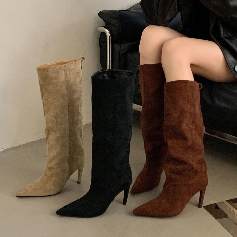 Aneikeh Fashion Winter Pointed Toe Knee-High Women Boots Thin Heels Shoes Female Punk Long Booties Zapatos De Muje LadyShow.Store