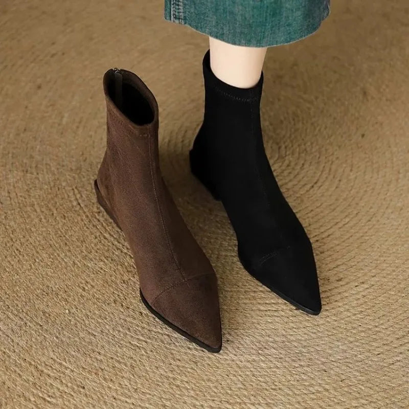 Plus-size women's boots 2025 winter fashion pointed-toe design short boots with zippers on the back, slim low-heeled nude boots LadyShow.Store