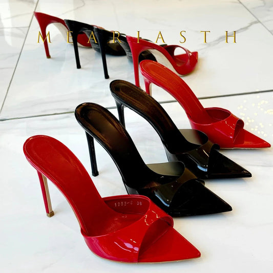 Ladies High-heeled Slippers Shoes Fashion Pointed Sexy Patent Leather Women with Open Toes and Party Wedding Stripper Sandals. LadyShow.Store
