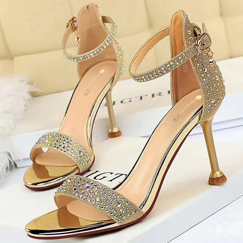 BIGTREE Shoes Rhinestone High Heels Women Pumps Sexy Kitten Heels Party Shoes Open Toe Women Sandals Heel Stiletto Wedding Shoes Pi-Mart